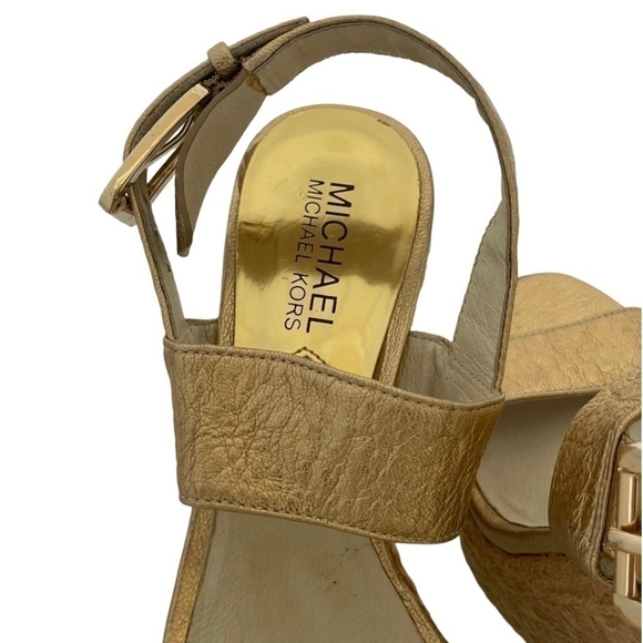 MICHAEL KORS Gold Posey Wedge Sandals Espadrille Platform Leather Pale Sandals - Picture 10 of 11